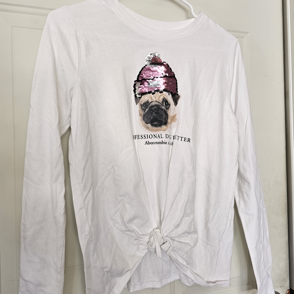 Abercrombie & Fitch White Long Sleeve with Pink Sequin Pug